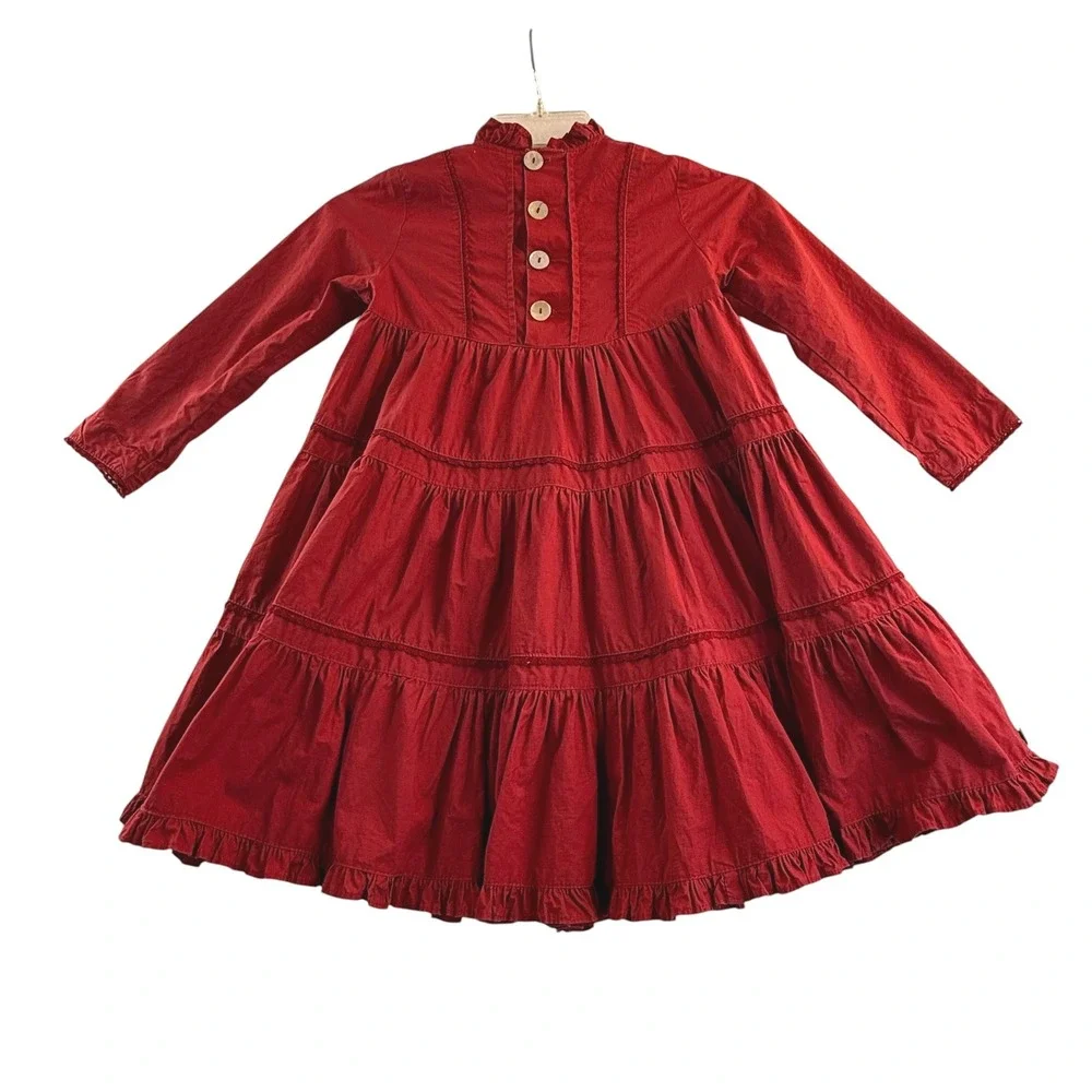 Jottum Childs Dress Size 4 Deep Red Long Sleeve Tiered Ruffle High Neck Cotton